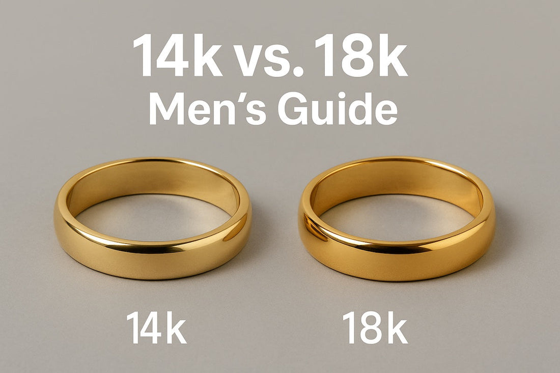 14k vs 18k gold men’s rings side by side showing color difference, lighter 14k and richer 18k tones.