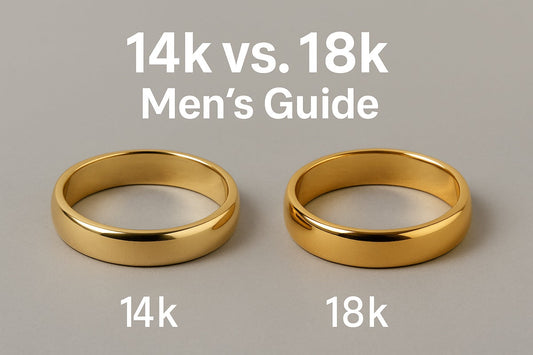 14k vs 18k gold men’s rings side by side showing color difference, lighter 14k and richer 18k tones.