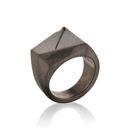 Black geometric ring in 14k Gold ring on a white background