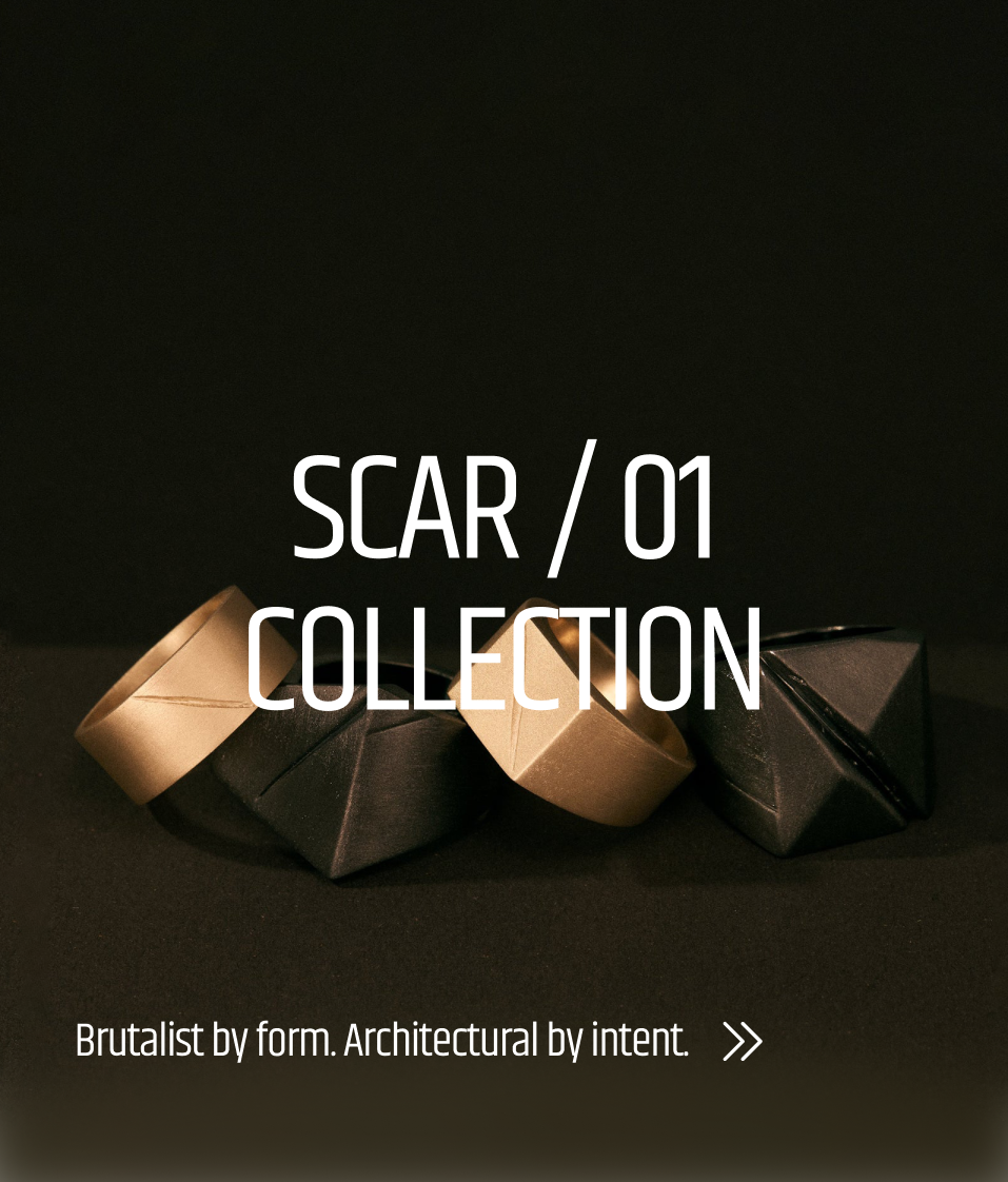 Three geometric metal sculptures rings on a black background with 'SCAR / 01 COLLECTION' text.